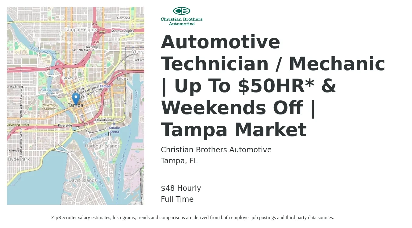 Christian Brothers Automotive job posting for a Automotive Technician / Mechanic | Up To $50HR* & Weekends Off | Tampa Market in Tampa, FL with a salary of $50 Hourly with a map of Tampa location.