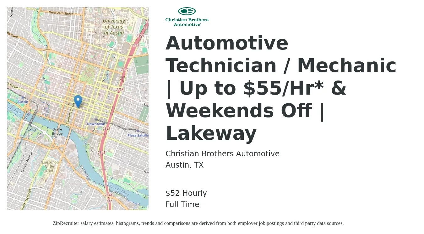 Christian Brothers Automotive job posting for a Automotive Technician / Mechanic | Up to $55/Hr* & Weekends Off | Lakeway in Austin, TX with a salary of $55 Hourly with a map of Austin location.