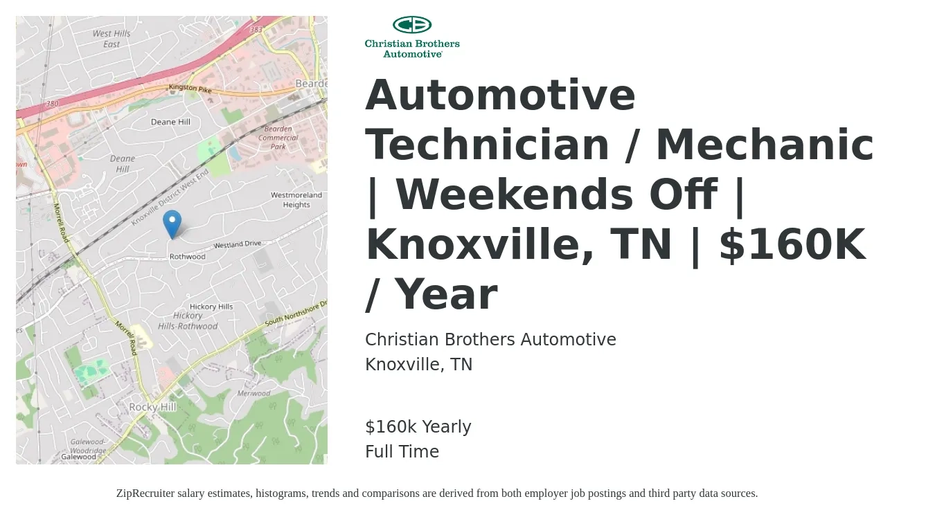 Christian Brothers Automotive job posting for a Automotive Technician / Mechanic | Weekends Off | Knoxville, TN | $160K / Year in Knoxville, TN with a salary of $160,000 Yearly with a map of Knoxville location.