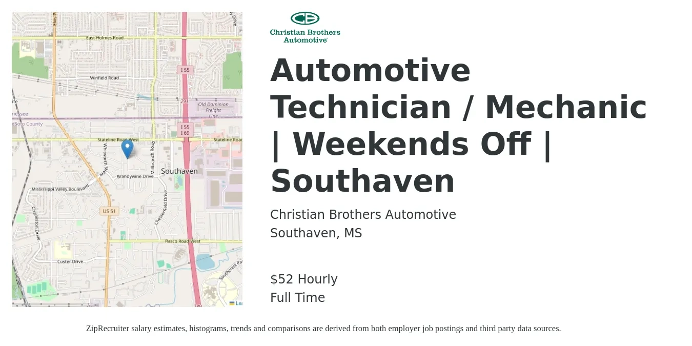 Christian Brothers Automotive job posting for a Automotive Technician / Mechanic | Weekends Off | Southaven in Southaven, MS with a salary of $55 Hourly with a map of Southaven location.