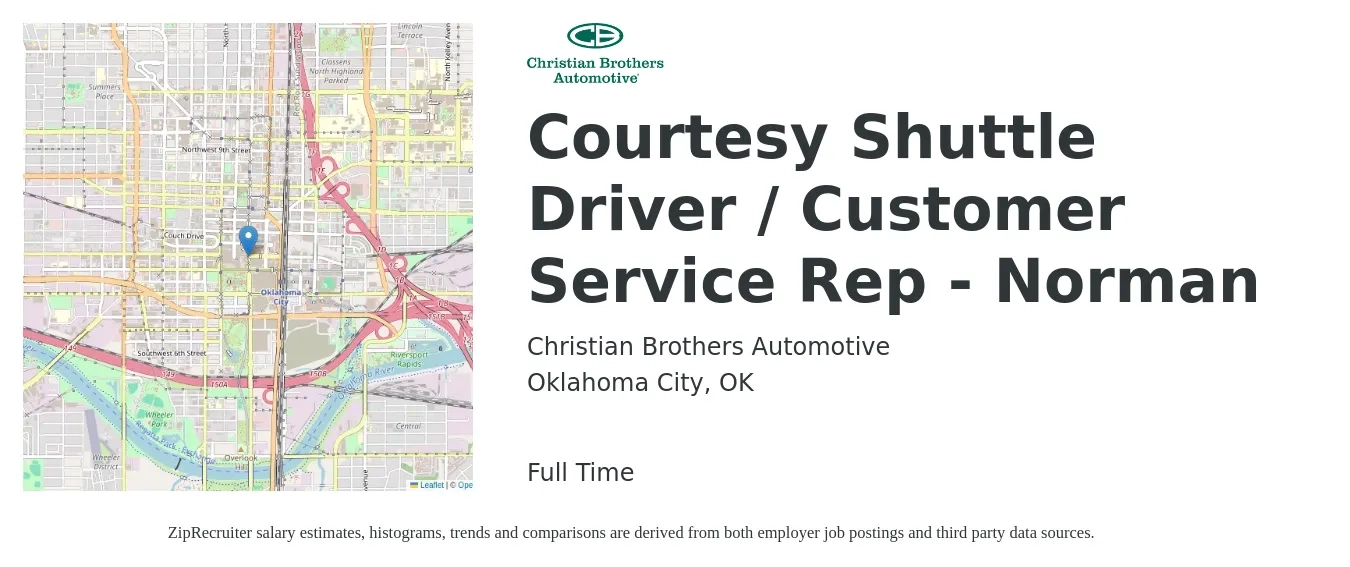 Christian Brothers Automotive job posting for a Courtesy Shuttle Driver / Customer Service Rep - Norman in Oklahoma City, OK with a salary of $14 to $20 Hourly with a map of Oklahoma City location.