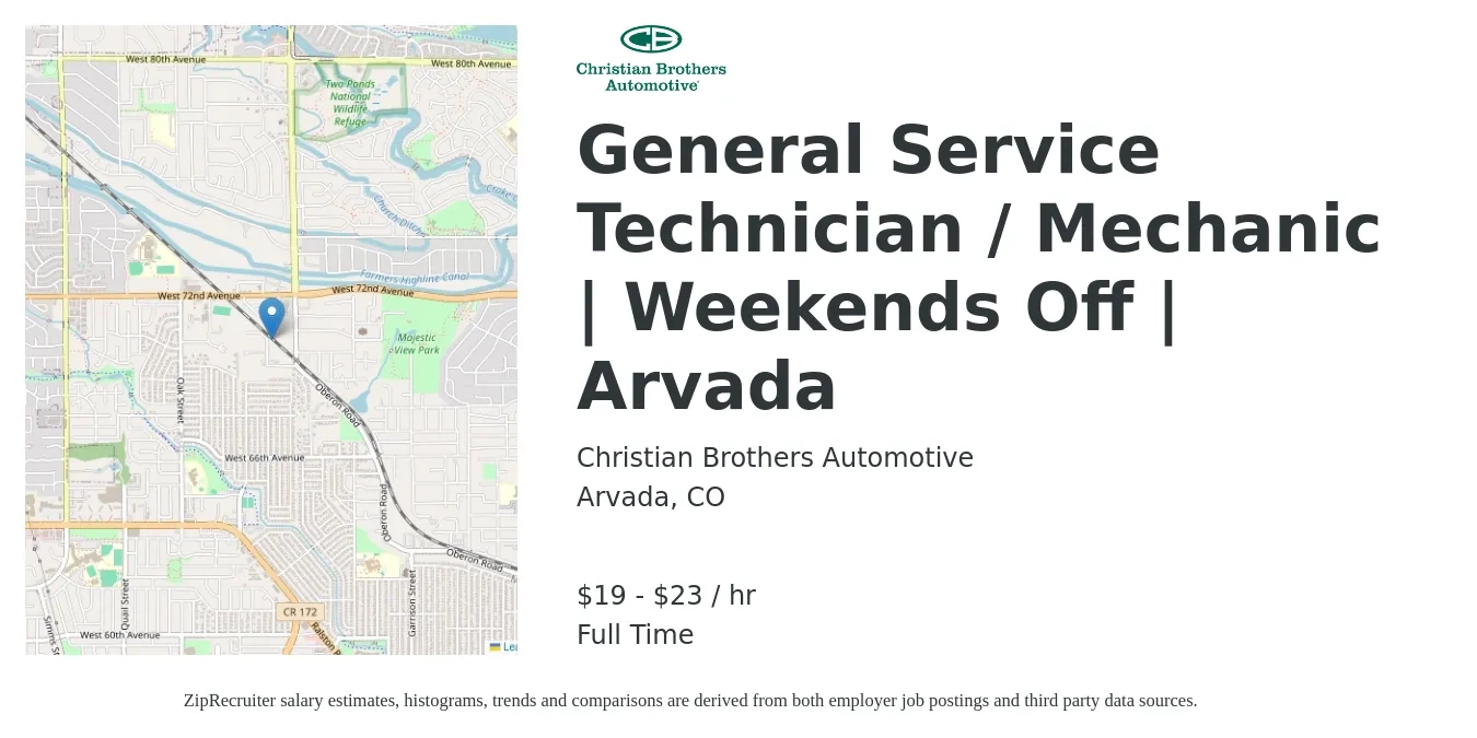 Christian Brothers Automotive job posting for a General Service Technician / Mechanic | Weekends Off | Arvada in Arvada, CO with a salary of $20 to $24 Hourly with a map of Arvada location.