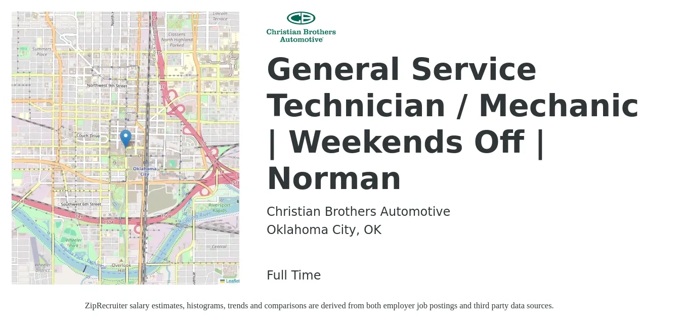 Christian Brothers Automotive job posting for a General Service Technician / Mechanic | Weekends Off | Norman in Oklahoma City, OK with a salary of $18 to $29 Hourly with a map of Oklahoma City location.