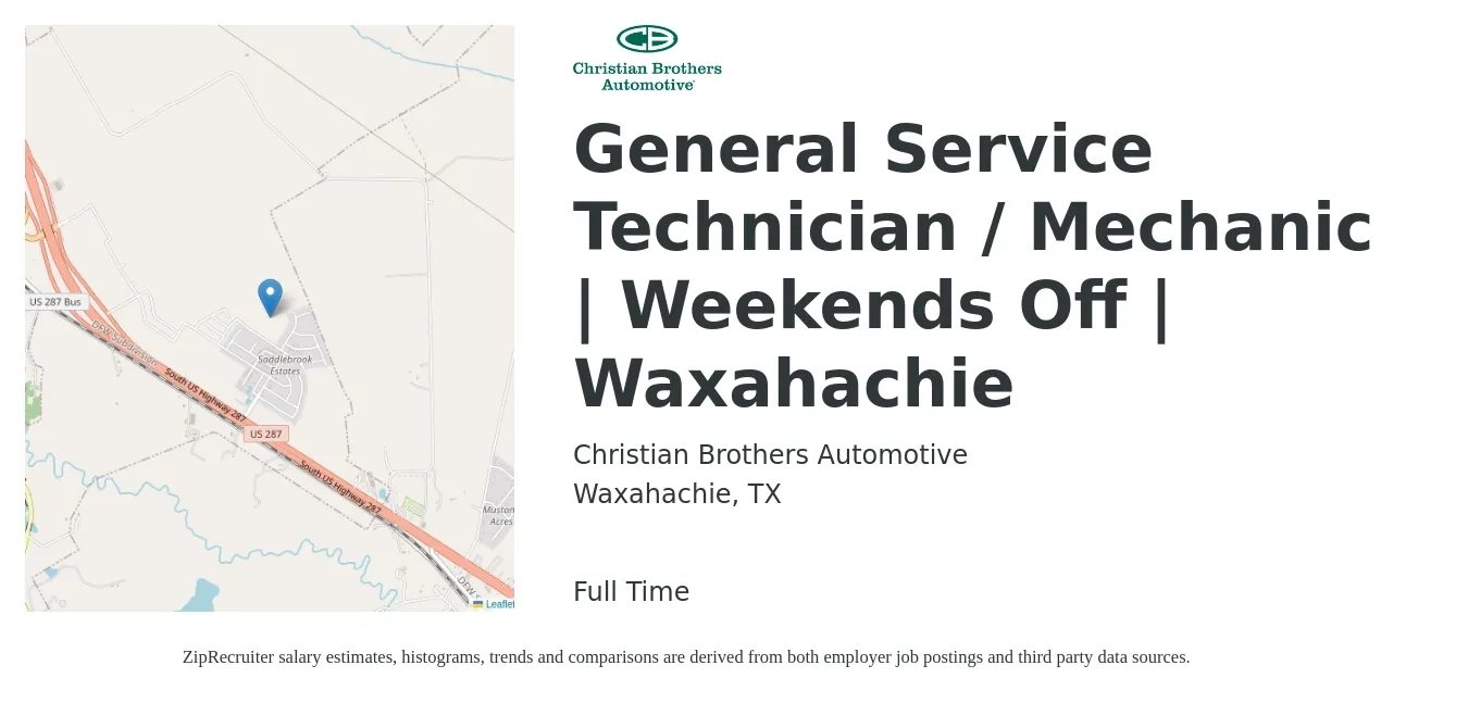 Christian Brothers Automotive job posting for a General Service Technician / Mechanic | Weekends Off | Waxahachie in Waxahachie, TX with a salary of $18 to $30 Hourly with a map of Waxahachie location.