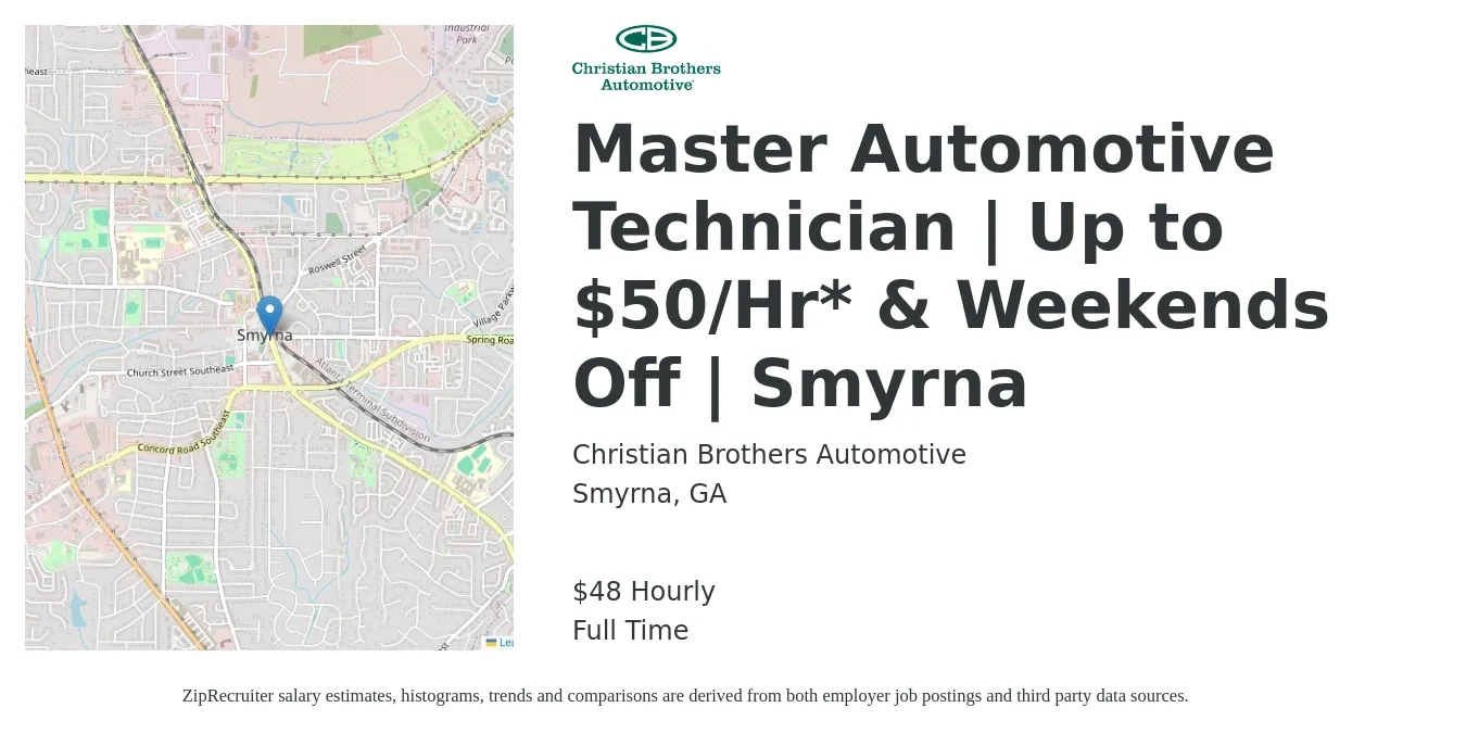 Christian Brothers Automotive job posting for a Master Automotive Technician | Up to $50/Hr* & Weekends Off | Smyrna in Smyrna, GA with a salary of $50 Hourly with a map of Smyrna location.
