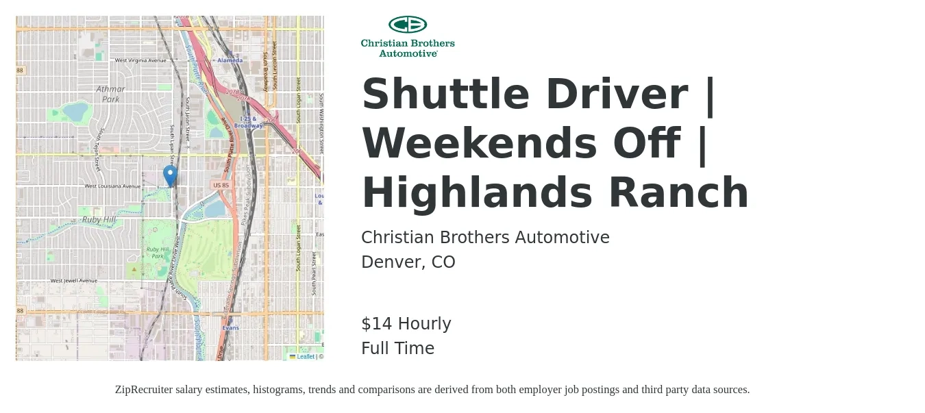 Christian Brothers Automotive job posting for a Shuttle Driver | Weekends Off | Highlands Ranch in Denver, CO with a salary of $15 Hourly with a map of Denver location.