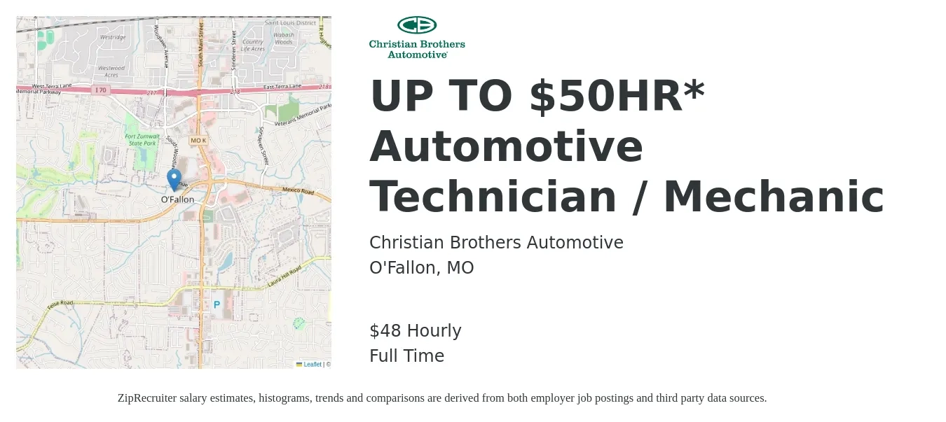Christian Brothers Automotive job posting for a UP TO $50HR* Automotive Technician / Mechanic in O'Fallon, MO with a salary of $50 Hourly with a map of O'Fallon location.