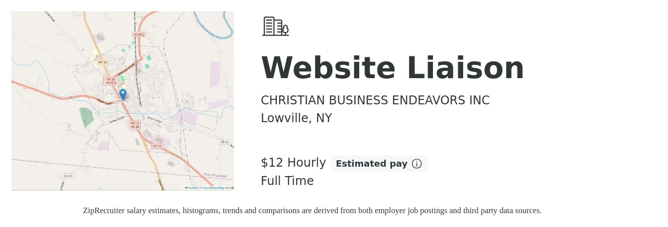 CHRISTIAN BUSINESS ENDEAVORS INC job posting for a Website Liaison in Lowville, NY with a salary of $13 to $14 Hourly with a map of Lowville location.