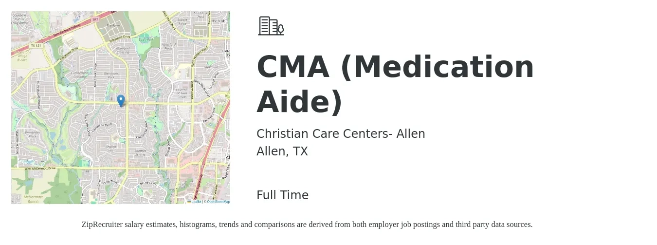 Christian Care Centers- Allen job posting for a CMA (Medication Aide) in Allen, TX with a salary of $15 to $18 Hourly with a map of Allen location.