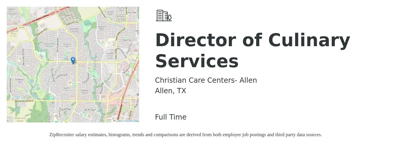 Christian Care Centers- Allen job posting for a Director of Culinary Services in Allen, TX with a salary of $55,800 to $114,400 Yearly with a map of Allen location.