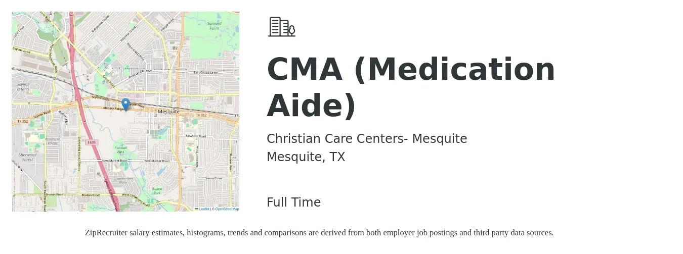 Christian Care Centers- Mesquite job posting for a CMA (Medication Aide) in Mesquite, TX with a salary of $15 to $19 Hourly with a map of Mesquite location.