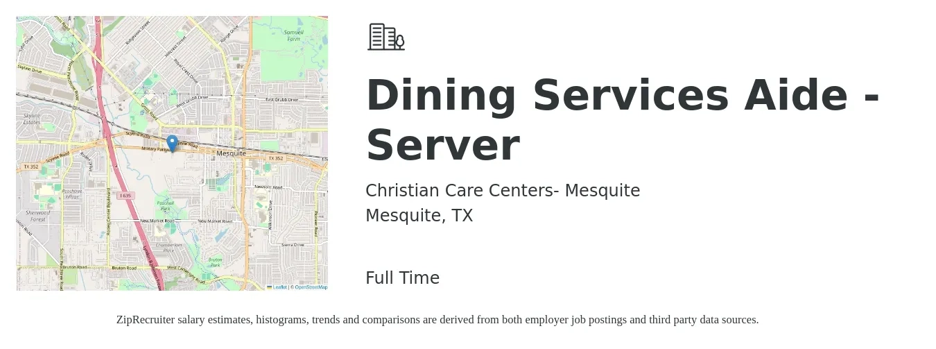Christian Care Centers- Mesquite job posting for a Dining Services Aide - Server in Mesquite, TX with a salary of $12 to $16 Hourly with a map of Mesquite location.
