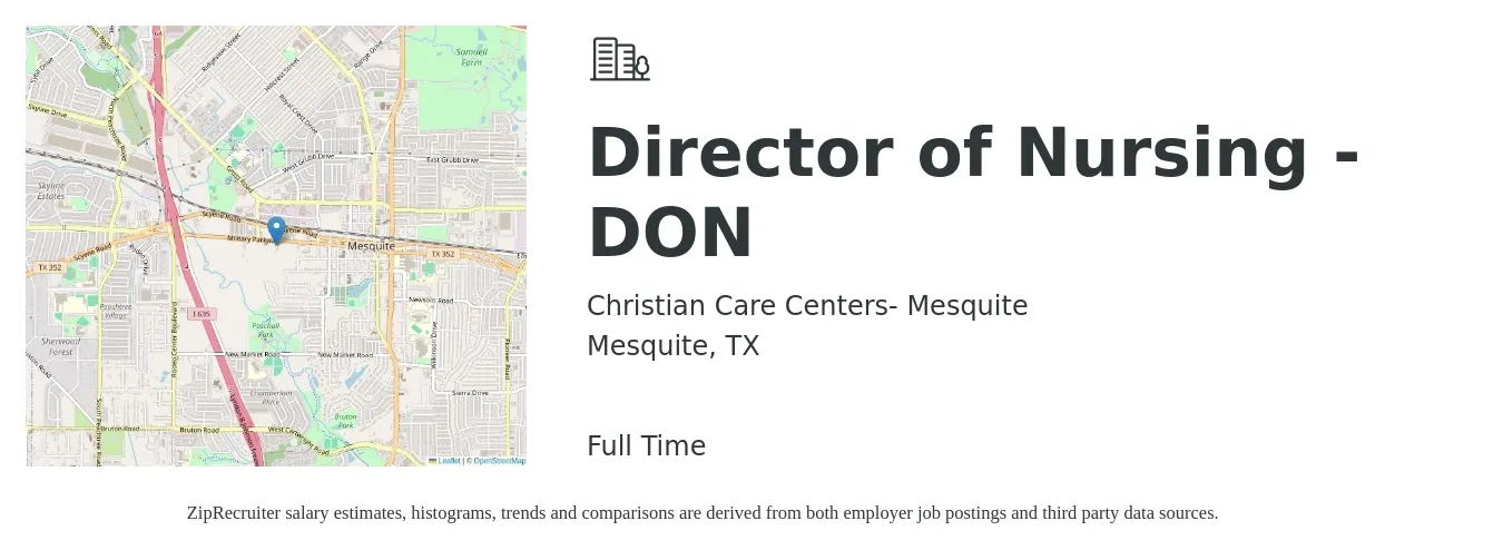 Christian Care Centers- Mesquite job posting for a Director of Nursing - DON in Mesquite, TX with a salary of $78,900 to $119,300 Yearly with a map of Mesquite location.