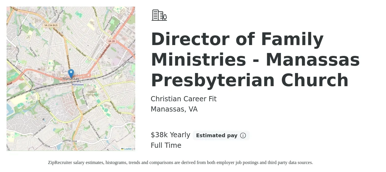 Christian Career Fit job posting for a Director of Family Ministries - Manassas Presbyterian Church in Manassas, VA with a salary of $38,000 Yearly with a map of Manassas location.
