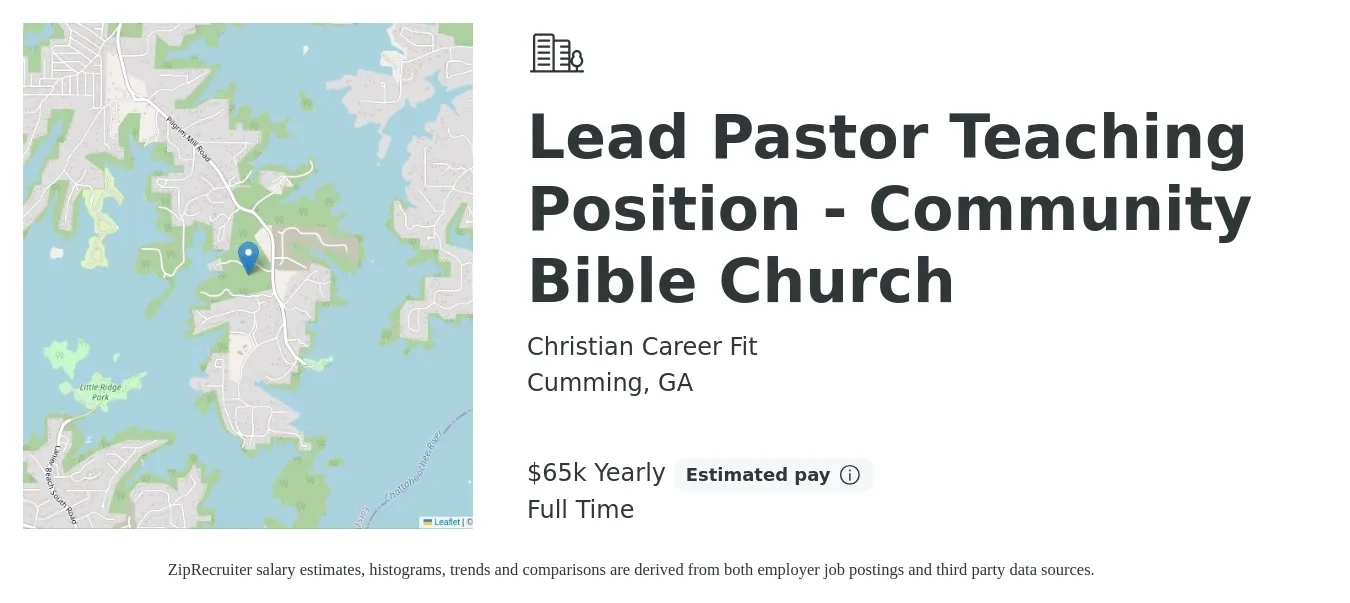 Christian Career Fit job posting for a Lead Pastor Teaching Position - Community Bible Church in Cumming, GA with a salary of $65,000 Yearly with a map of Cumming location.