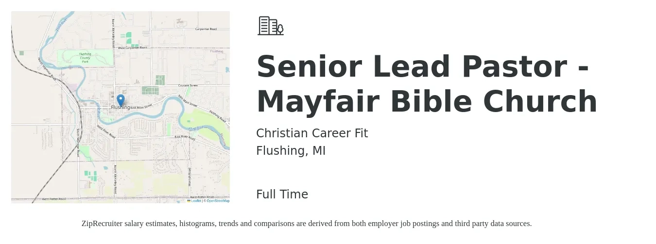 Christian Career Fit job posting for a Senior Lead Pastor - Mayfair Bible Church in Flushing, MI with a salary of $41,100 to $62,600 Yearly with a map of Flushing location.