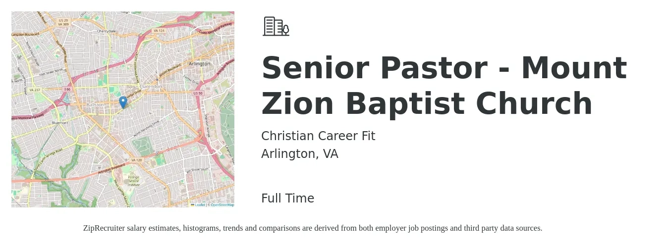 Christian Career Fit job posting for a Senior Pastor - Mount Zion Baptist Church in Arlington, VA with a salary of $55,200 to $84,000 Yearly with a map of Arlington location.