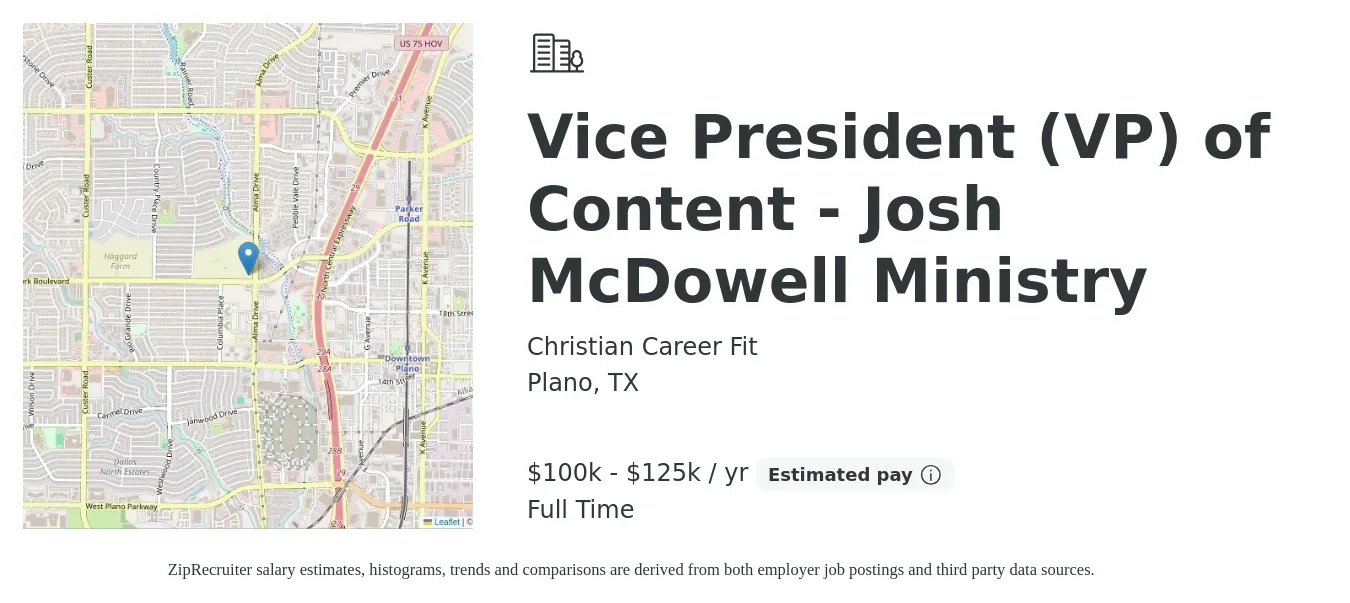 Christian Career Fit job posting for a Vice President (VP) of Content - Josh McDowell Ministry in Plano, TX with a salary of $100,000 to $125,000 Yearly with a map of Plano location.
