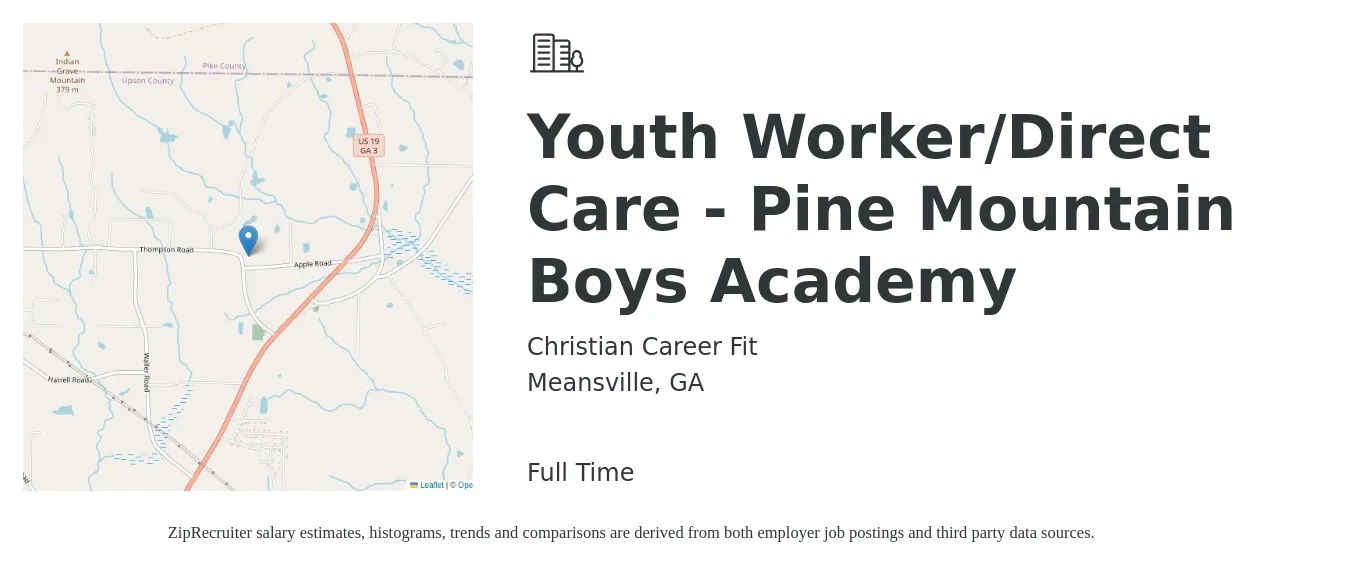 Christian Career Fit job posting for a Youth Worker/Direct Care - Pine Mountain Boys Academy in Meansville, GA with a salary of $13 to $16 Hourly with a map of Meansville location.