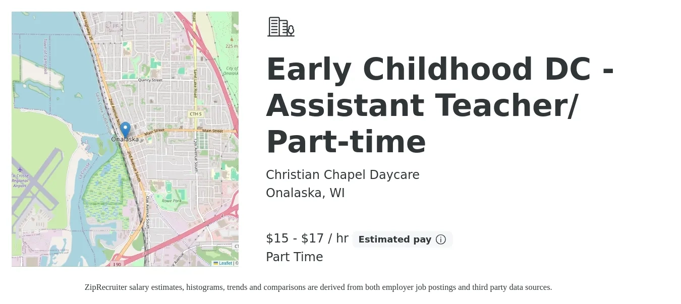 Christian Chapel Daycare job posting for a Early Childhood DC - Assistant Teacher/ Part-time in Onalaska, WI with a salary of $16 to $18 Hourly with a map of Onalaska location.