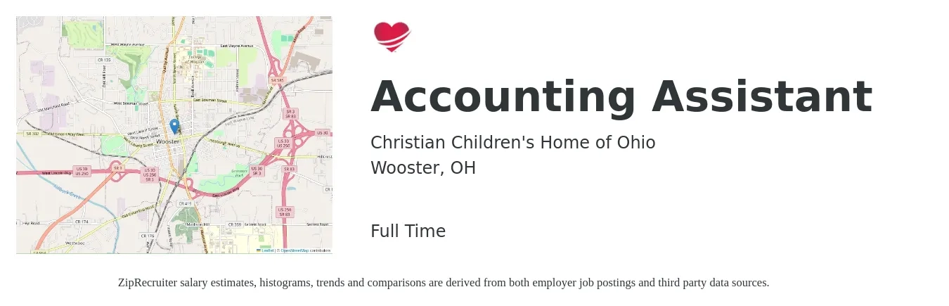 Christian Children's Home of Ohio job posting for a Accounting Assistant in Wooster, OH with a salary of $17 to $22 Hourly with a map of Wooster location.