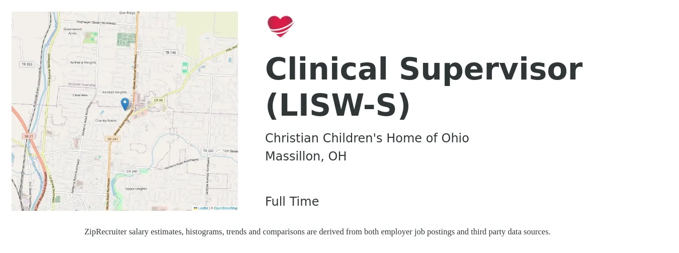 Christian Children's Home of Ohio job posting for a Clinical Supervisor (LISW-S) in Massillon, OH with a salary of $58,400 to $80,800 Yearly with a map of Massillon location.