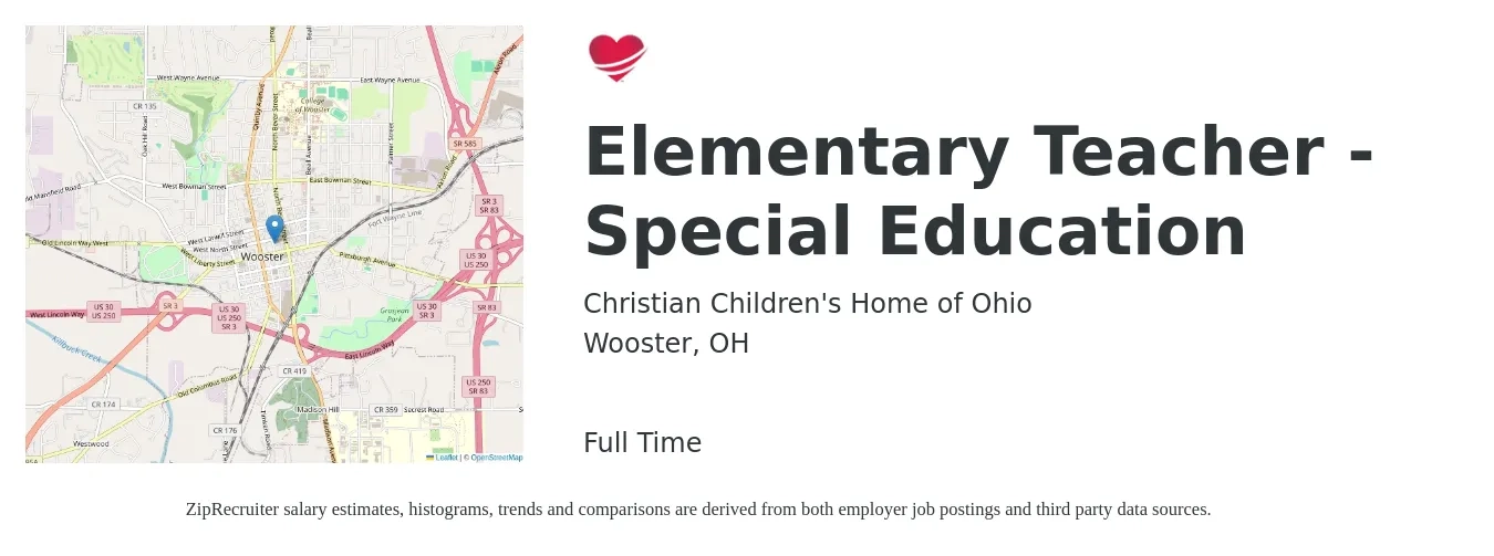 Christian Children's Home of Ohio job posting for a Elementary Teacher - Special Education in Wooster, OH with a salary of $38,800 to $52,700 Yearly with a map of Wooster location.