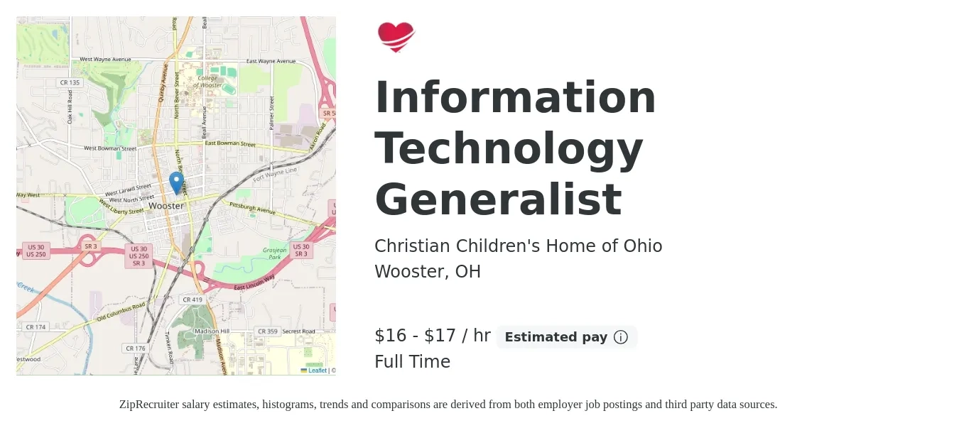 Christian Children's Home of Ohio job posting for a Information Technology Generalist in Wooster, OH with a salary of $17 to $18 Hourly with a map of Wooster location.