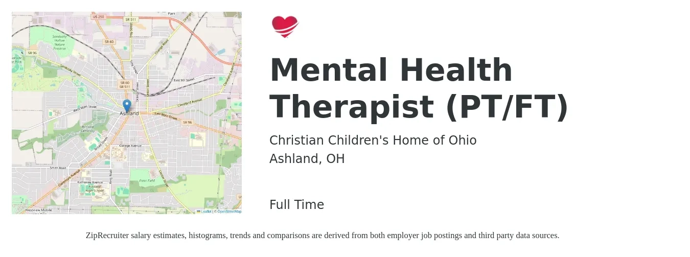 Christian Children's Home of Ohio job posting for a Mental Health Therapist (PT/FT) in Ashland, OH with a salary of $51,900 to $73,500 Yearly with a map of Ashland location.