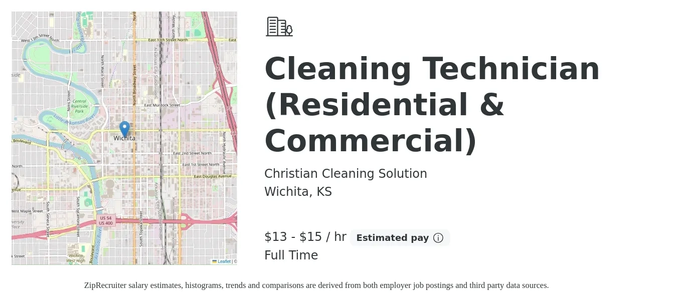 Christian Cleaning Solution job posting for a Cleaning Technician (Residential & Commercial) in Wichita, KS with a salary of $15 to $16 Hourly with a map of Wichita location.