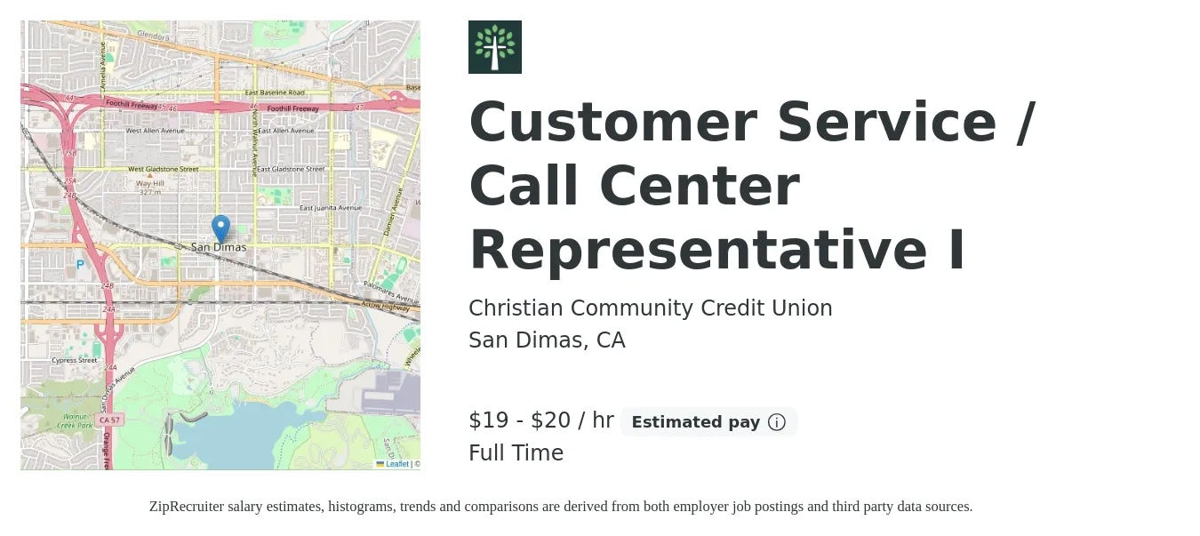 Christian Community Credit Union job posting for a Customer Service / Call Center Representative I in San Dimas, CA with a salary of $20 to $22 Hourly with a map of San Dimas location.