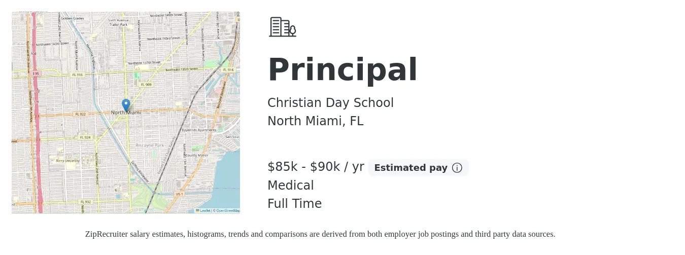 Christian Day School job posting for a Principal in North Miami, FL with a salary of $85,000 to $90,000 Yearly and benefits including medical with a map of North Miami location.