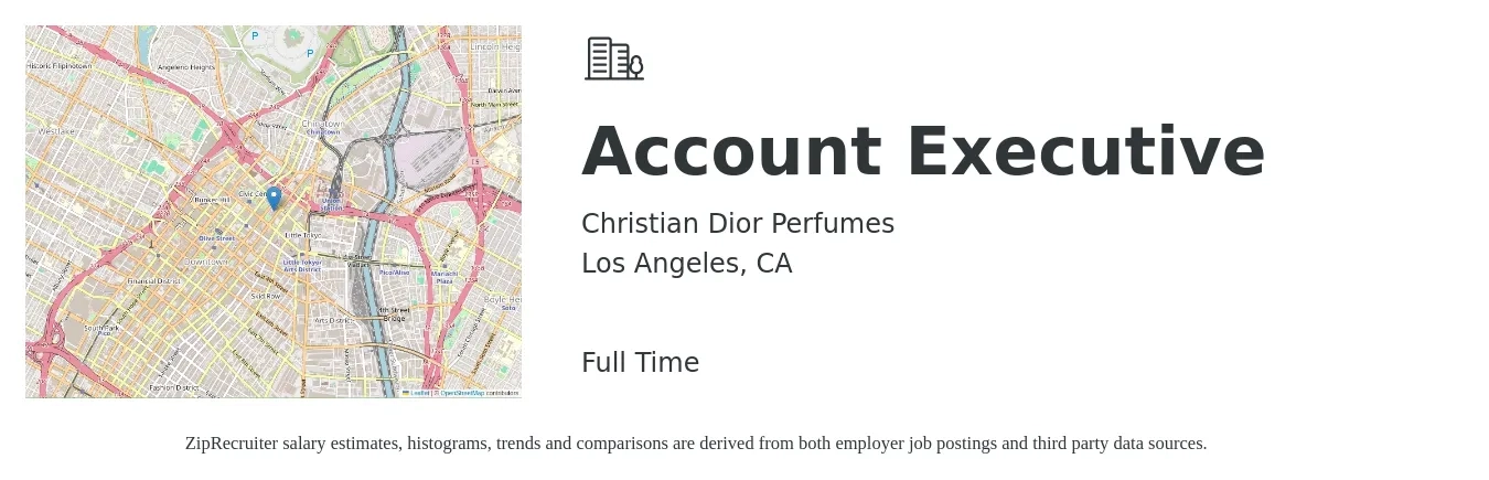 Christian Dior Perfumes job posting for a Account Executive in Los Angeles, CA with a salary of $58,200 to $102,400 Yearly with a map of Los Angeles location.