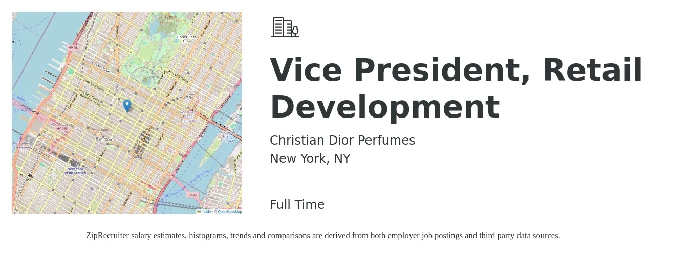 Christian Dior Perfumes job posting for a Vice President, Retail Development in New York, NY with a salary of $125,800 to $192,000 Yearly with a map of New York location.