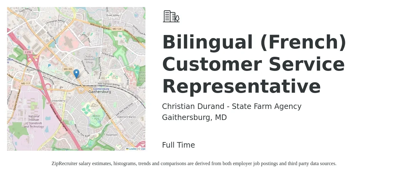 Christian Durand - State Farm Agency job posting for a Bilingual (French) Customer Service Representative in Gaithersburg, MD with a salary of $17 to $21 Hourly with a map of Gaithersburg location.