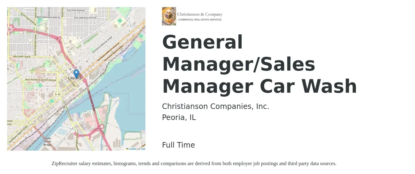Christianson Companies, Inc. job posting for a General Manager/Sales Manager Car Wash in Peoria, IL with a salary of $48,600 to $72,600 Yearly with a map of Peoria location.