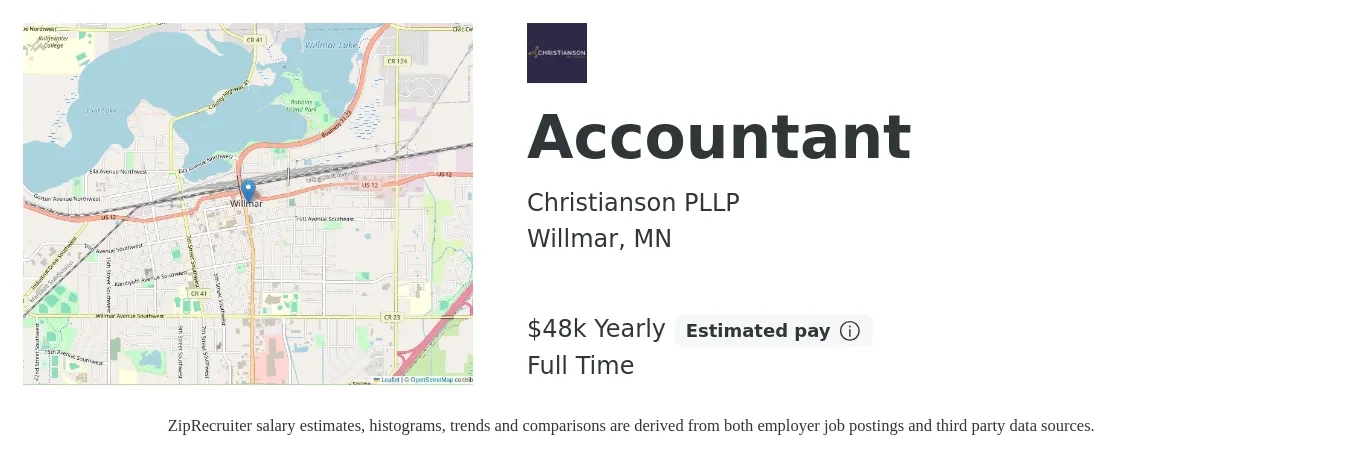 Christianson PLLP job posting for a Accountant in Willmar, MN with a salary of $48,750 Yearly with a map of Willmar location.