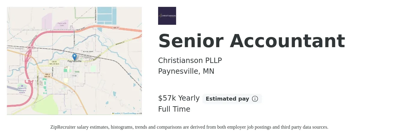 Christianson PLLP job posting for a Senior Accountant in Paynesville, MN with a salary of $57,250 Yearly with a map of Paynesville location.