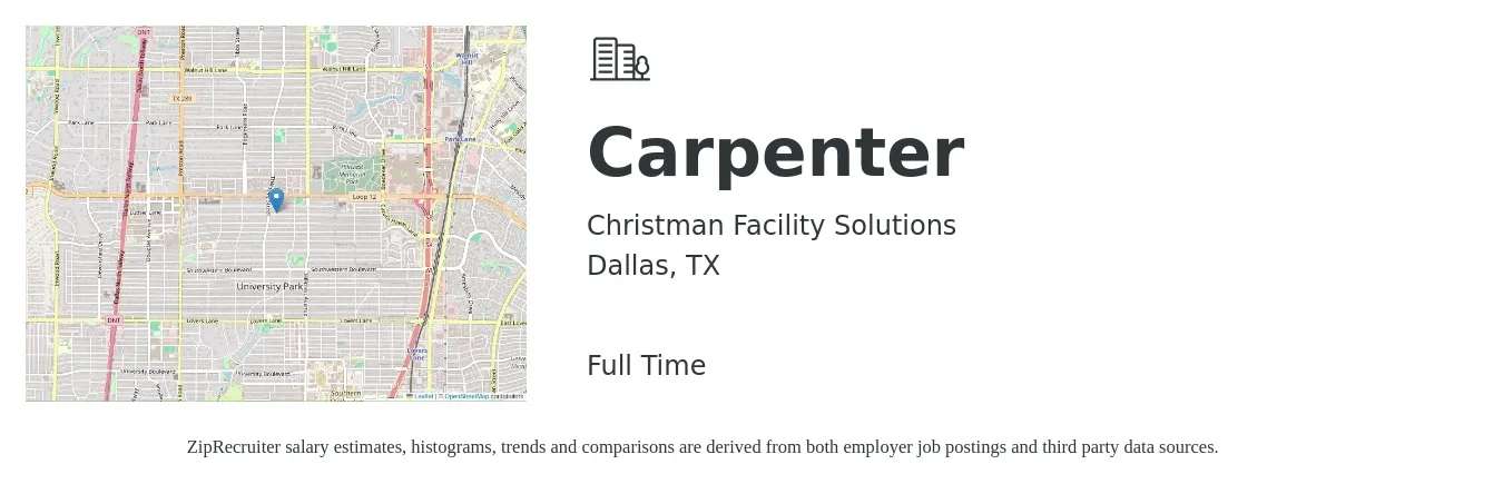 Christman Facility Solutions job posting for a Carpenter in Dallas, TX with a salary of $22 to $29 Hourly with a map of Dallas location.