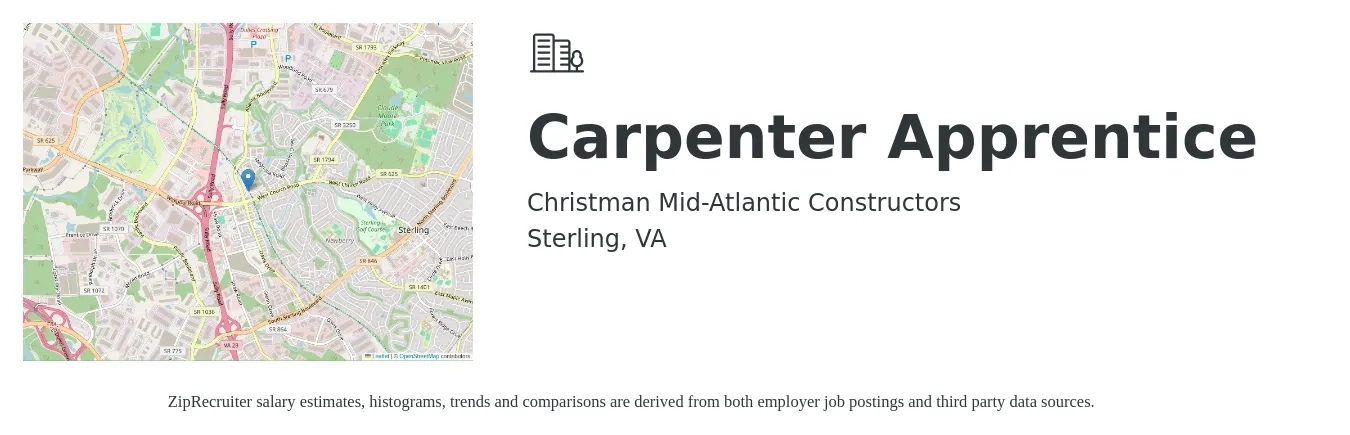Christman Mid-Atlantic Constructors job posting for a Carpenter Apprentice in Sterling, VA with a salary of $18 to $24 Hourly with a map of Sterling location.