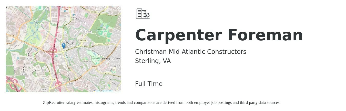 Christman Mid-Atlantic Constructors job posting for a Carpenter Foreman in Sterling, VA with a salary of $28 to $35 Hourly with a map of Sterling location.