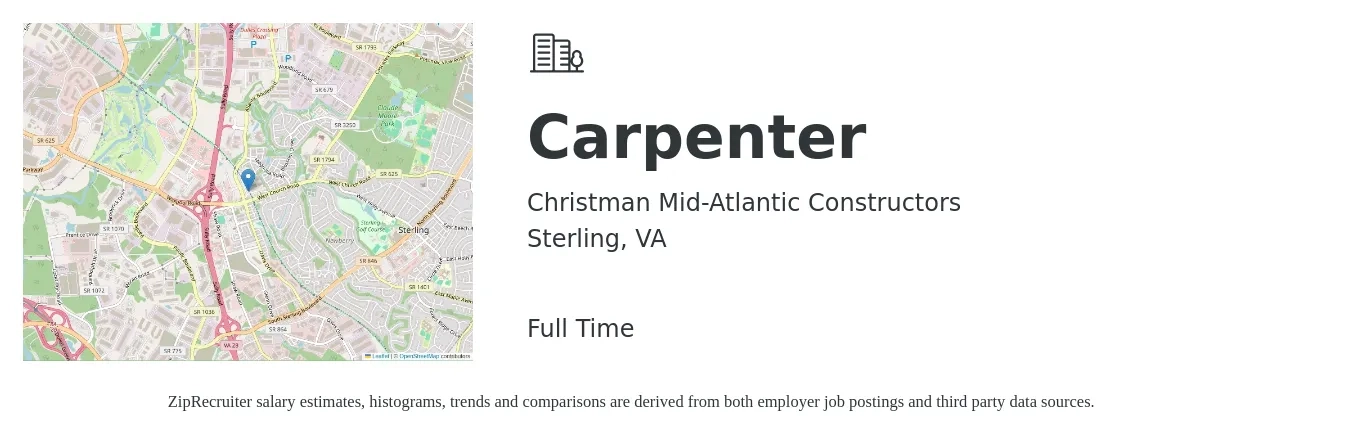 Christman Mid-Atlantic Constructors job posting for a Carpenter in Sterling, VA with a salary of $22 to $29 Hourly with a map of Sterling location.