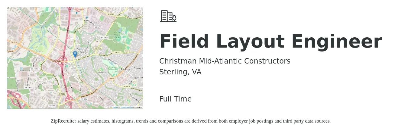 Christman Mid-Atlantic Constructors job posting for a Field Layout Engineer in Sterling, VA with a salary of $25 to $42 Hourly with a map of Sterling location.