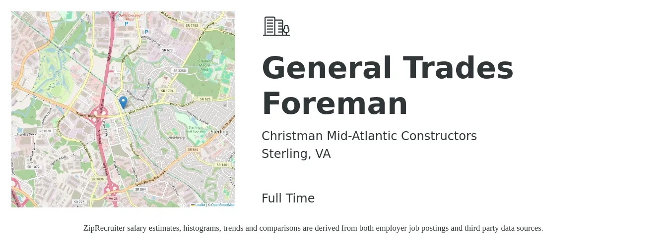 Christman Mid-Atlantic Constructors job posting for a General Trades Foreman in Sterling, VA with a salary of $24 to $34 Hourly with a map of Sterling location.