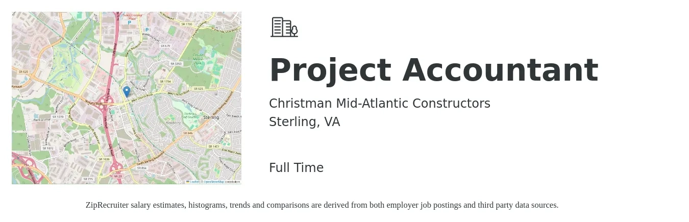 Christman Mid-Atlantic Constructors job posting for a Project Accountant in Sterling, VA with a salary of $60,600 to $79,500 Yearly with a map of Sterling location.