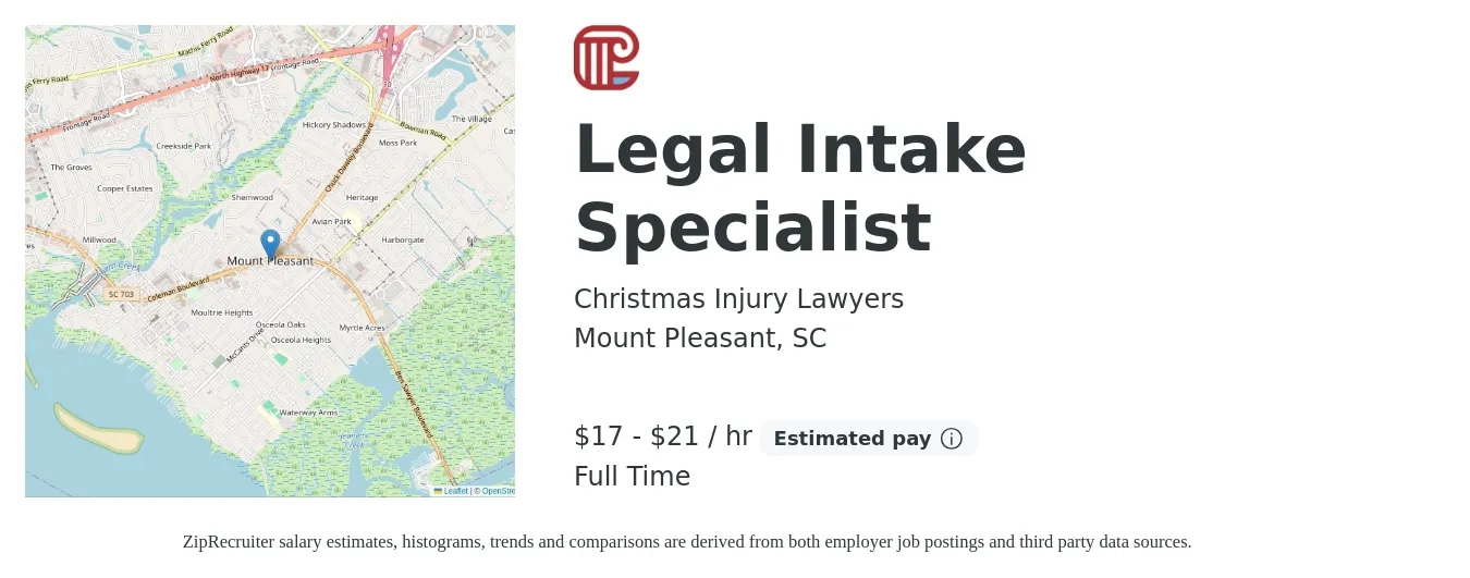 Christmas Injury Lawyers job posting for a Legal Intake Specialist in Mount Pleasant, SC with a salary of $18 to $22 Hourly with a map of Mount Pleasant location.