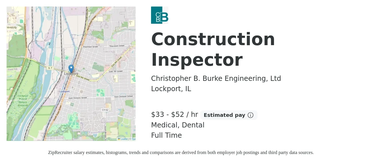 Christopher B Burke Engineering Ltd job posting for a Construction Inspector in Lockport, IL with a salary of $49,600 to $78,200 Yearly with a map of Lockport location.