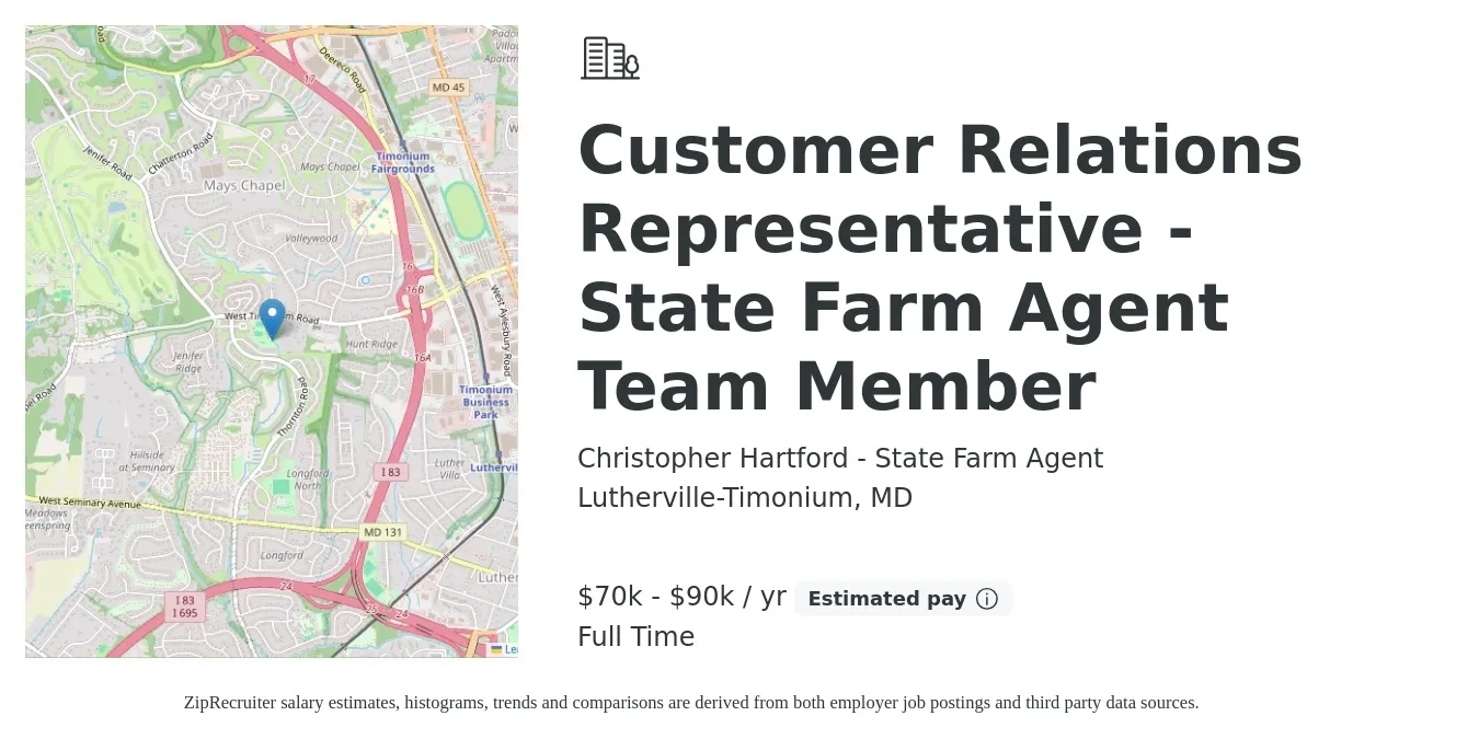 Christopher Hartford - State Farm Agent job posting for a Customer Relations Representative - State Farm Agent Team Member in Lutherville-Timonium, MD with a salary of $70,000 to $90,000 Yearly with a map of Lutherville-Timonium location.