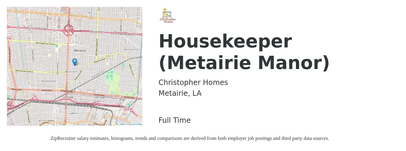 Christopher Homes job posting for a Housekeeper (Metairie Manor) in Metairie, LA with a salary of $13 to $17 Hourly with a map of Metairie location.