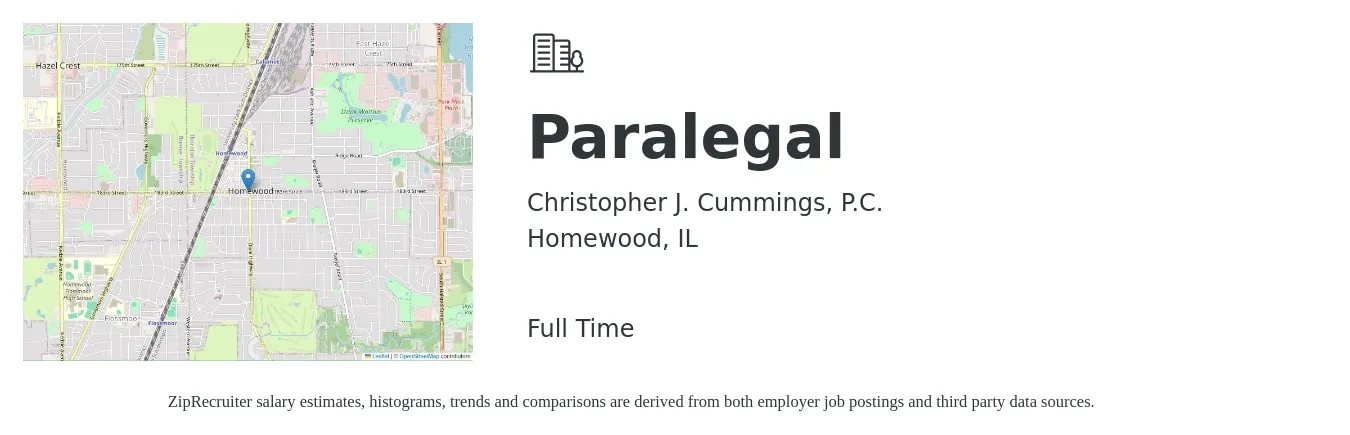 Christopher J. Cummings, P.C. job posting for a Paralegal in Homewood, IL with a salary of $61,000 Yearly with a map of Homewood location.